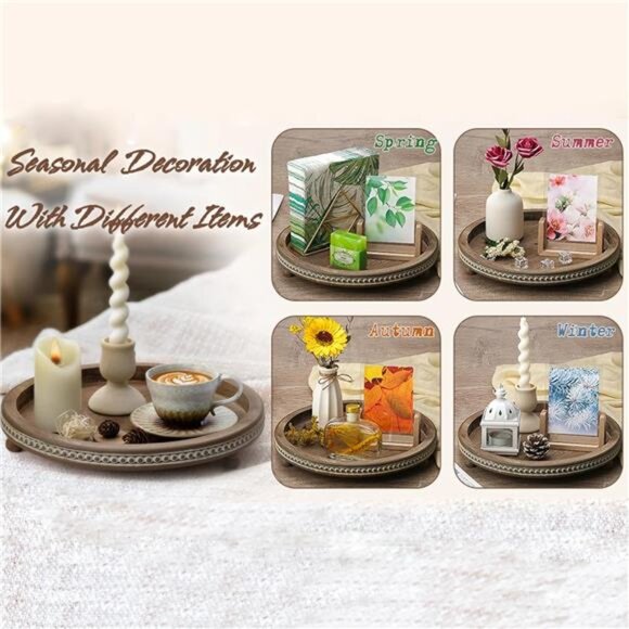 Handmade Wooden Serving Tray, Small Beaded Coffee Table Tray Decor, Warm Brown - Picture 2 of 7